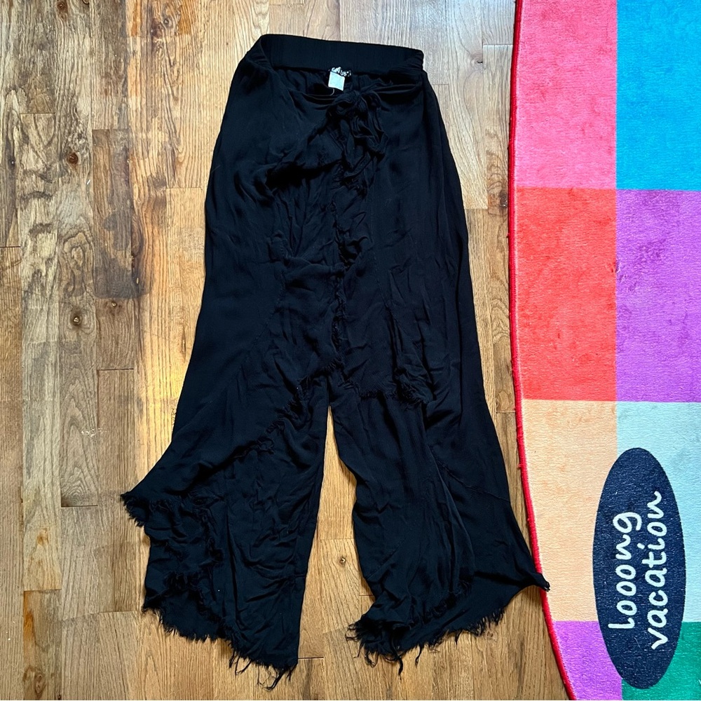 Black Fringed Wide-Leg Swim Suit Cover Up Pants Open Leg Womens Small